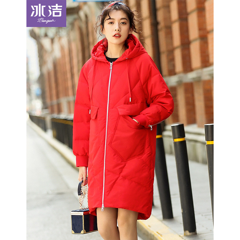 冰洁2018秋冬新款中长款羽绒服女休闲拉链保暖时尚连帽外套女J80143030 170/92A 烈焰红1322