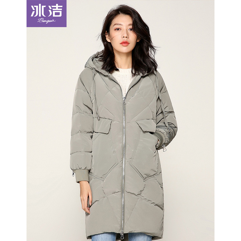 冰洁2018秋冬新款中长款羽绒服女休闲拉链保暖时尚连帽外套女J80143030 160/84A 庄园绿4218
