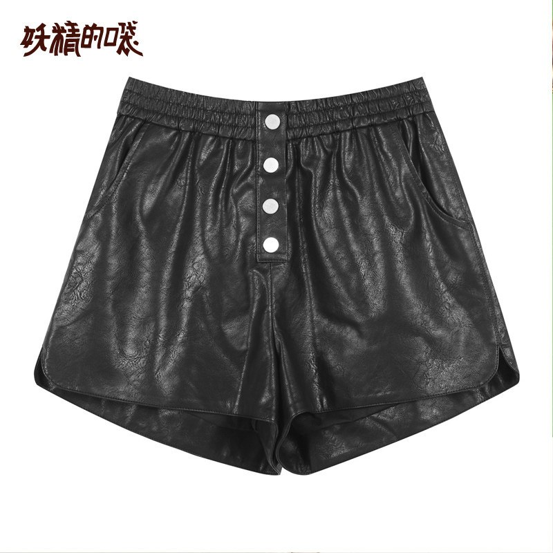 妖精的口袋2019新款女装春装宽松a字阔腿皮短裤黑色外穿短裤洋气 S 夜色黑