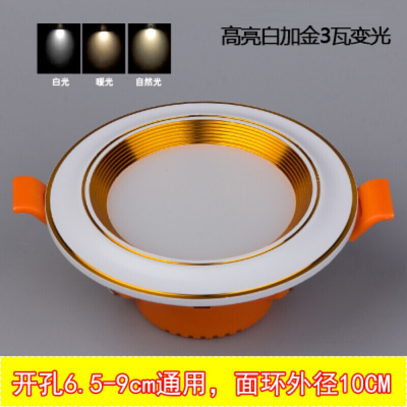 led筒灯射灯天花灯嵌入式8公分孔灯7.5变光桶灯客厅顶2.5寸洞灯乳白色白加金体 普及款3瓦弧面白加金变光
