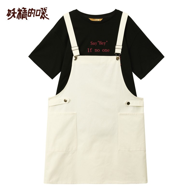 妖精的口袋野兽派春装2019新款女撞色印花短袖上衣背带套装短裙 L 少时白色
