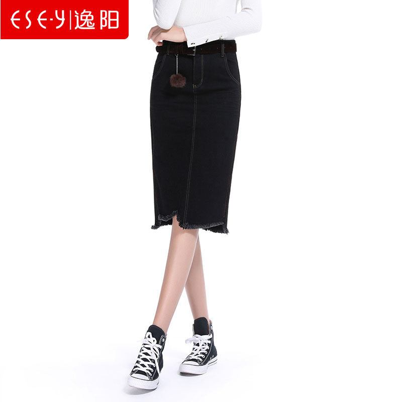 时尚百搭修身性感毛边牛仔包臀半身裙子2019春季新款女72158 27/9 黑色