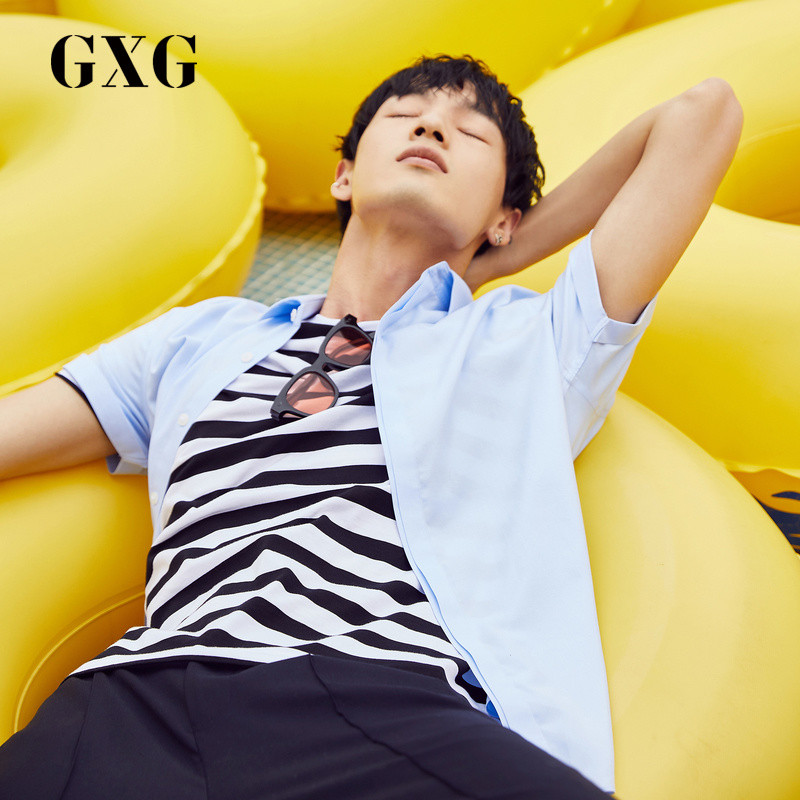 GXG男装夏季男士韩版修身时尚蓝色休闲短袖衬衫男_1 190/XXXL 蓝色
