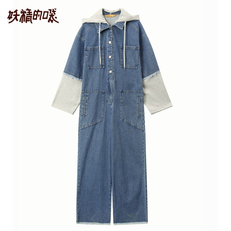 妖精的口袋走啊去潇洒春季异材质拼接连体牛仔裤_1 L 靛蓝牛仔色