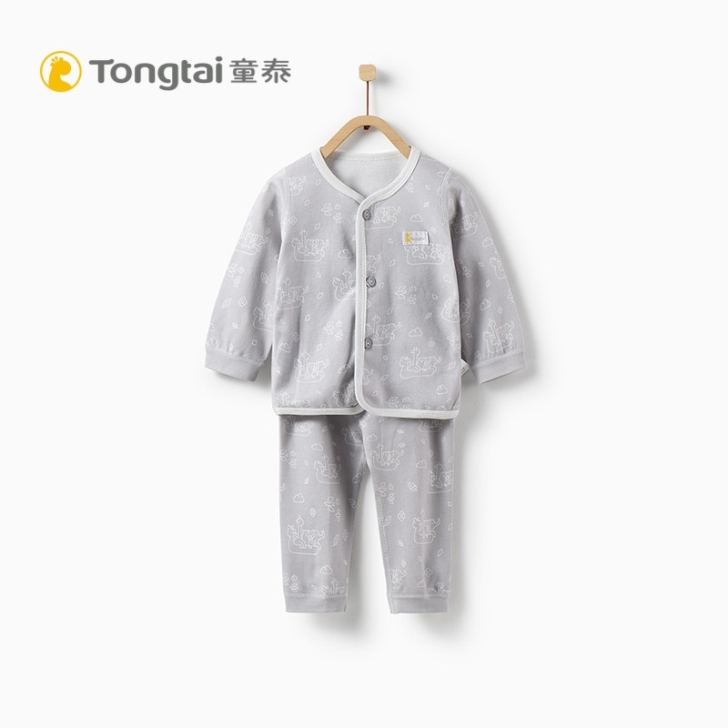 童泰TONGTAI春秋新款婴儿纯棉对开内衣套装3-18个月宝宝秋衣秋裤两件套 66cm 灰色