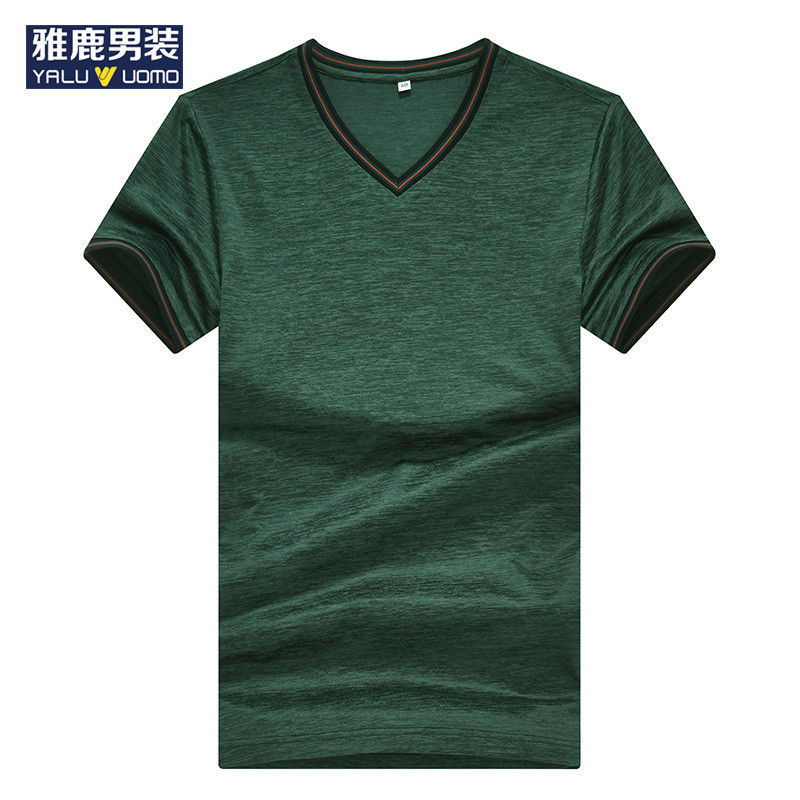 雅鹿男装夏男装新品 百搭V领纯色T恤短袖打底衫男18305 绿色 180/52