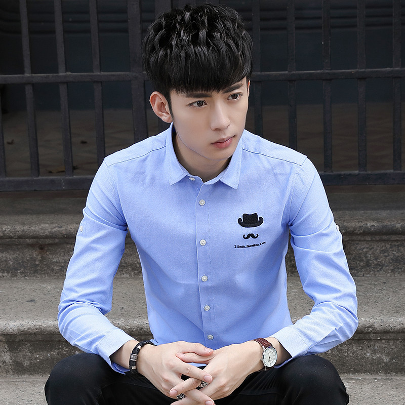 三弦 2019春秋季新款长袖衬衫男韩版潮流休闲上衣JU-CS-S30 JU-CS-S30湖蓝色 L