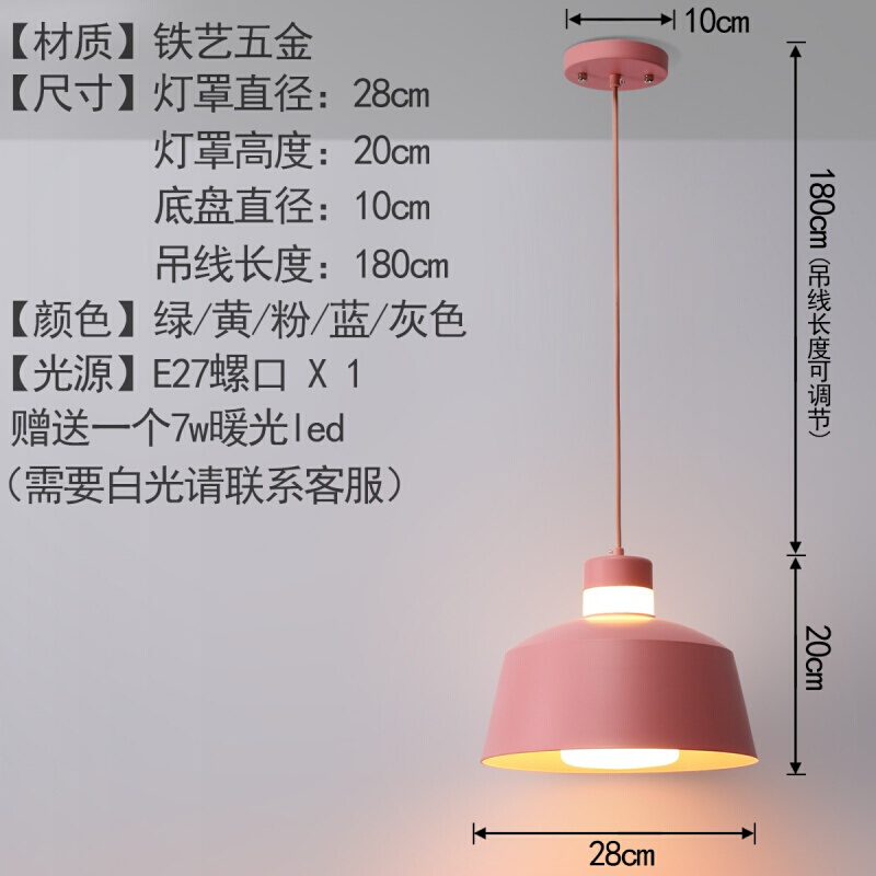 彩色家用简约时尚灯具个性创意餐厅店铺吧台led小灯北欧灯 粉红直径28CM赠送7W暖光LED灯泡