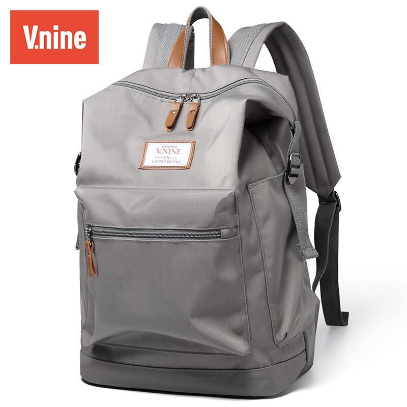 第九城(V.NINE)双肩包女情侣款韩版日系潮流背包大容量电脑包多功能学生书包藕粉配灰可装_1 灰色