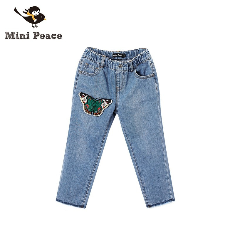 MiniPeace太平鸟童装女童休闲牛仔裤直筒休闲裤子中腰蝴蝶贴布春秋装新款 140cm 牛仔蓝