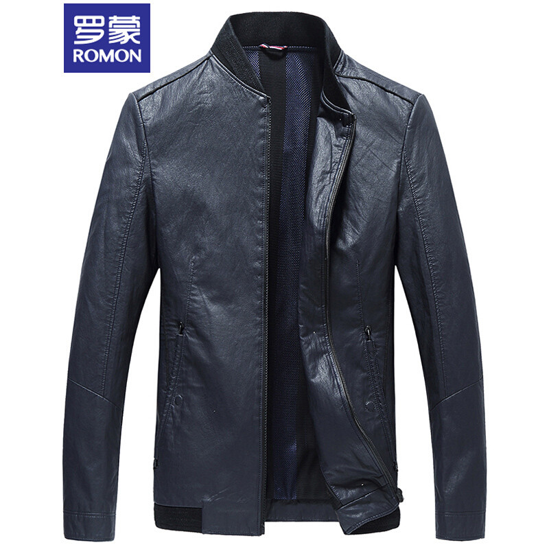 罗蒙（ROMON）仿皮皮衣男春季潮流时尚休闲修身立领皮夹克外套男 180/XL 藏青