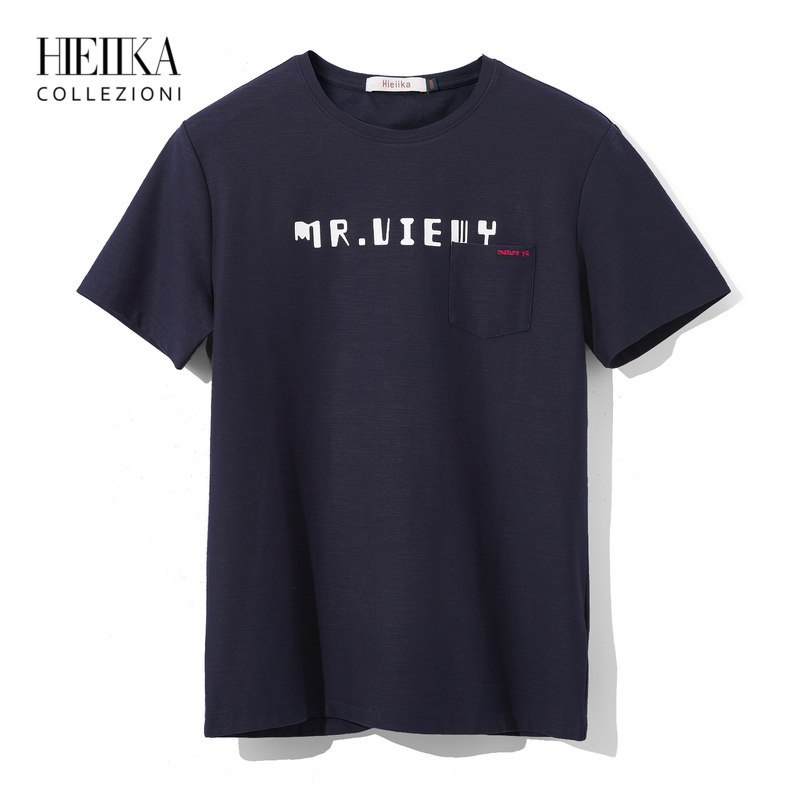 Hieiika海一家男装2019夏季简约字母印花口袋装饰短袖T恤 185/100A/XXL 藏青花纹X5