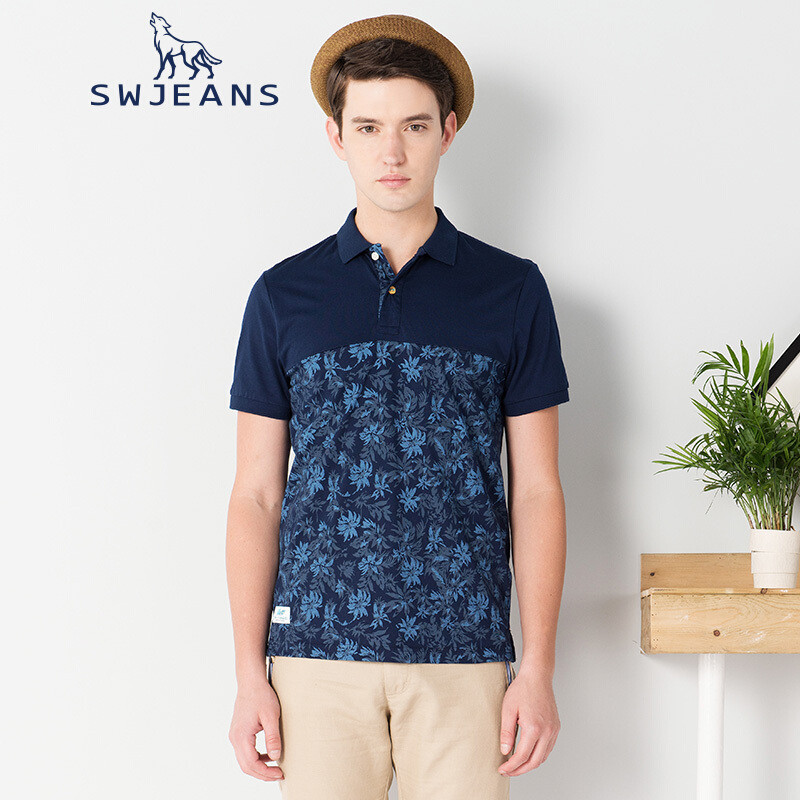 七匹狼SWJEANS商务休闲男士polo时尚新款花朵印染拼接修身短袖POLO衫_1 175 藏青