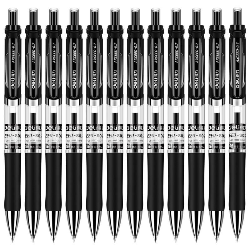 得力（deli） 按动中性笔签字笔水笔黑色碳素笔学生办公 0.7mm 黑色12支/盒 S02 黑色