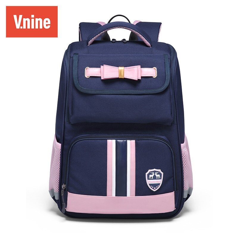 第九城（V.NINE）书包小学生男女孩1-6年级儿童双肩包大容量多功能英伦3D肩负反光条安_1 蓝配粉（大号）