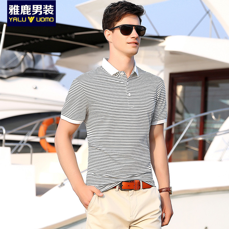 雅鹿男装商务休闲系列男款条纹T恤18ZT12099 绿色 50