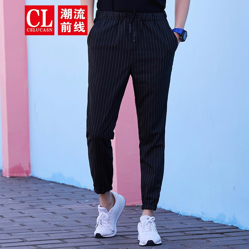 潮流前线2019夏装男款修身小脚橡筋九分裤系带竖条纹个性潮流休闲裤黑色_1 XXL 默认颜色