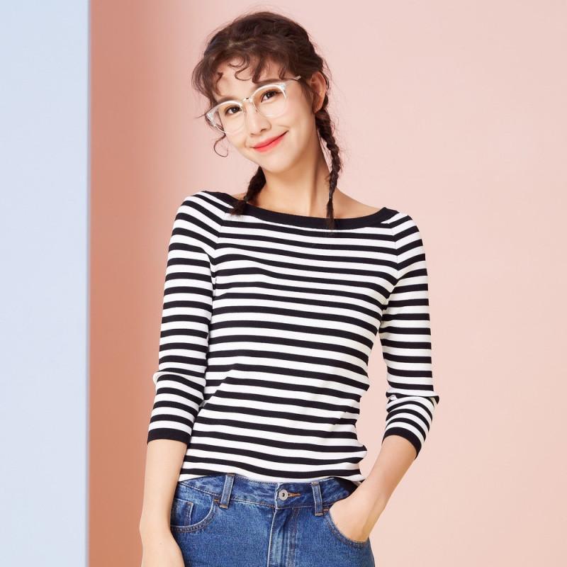 美特斯邦威打底毛衣女春装简约条纹毛衫韩版线衫针织衫603464 155/80A 黑白组