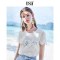 欧莎2019夏季新款韩版拼接蕾丝百搭宽松圆领短袖印花白色T恤女 XL 白色