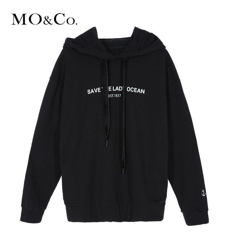 MOCO连帽套头字母中长款宽松慵懒风卫衣女秋冬摩安珂 S/160 黑色