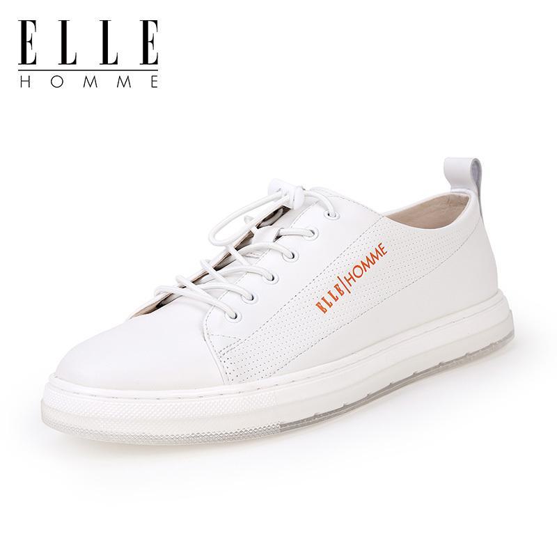 ELLEHOMME2019春季新款真皮小白鞋头层牛皮男鞋男士休闲鞋低帮鞋_1 白色-HJH76191292 42码