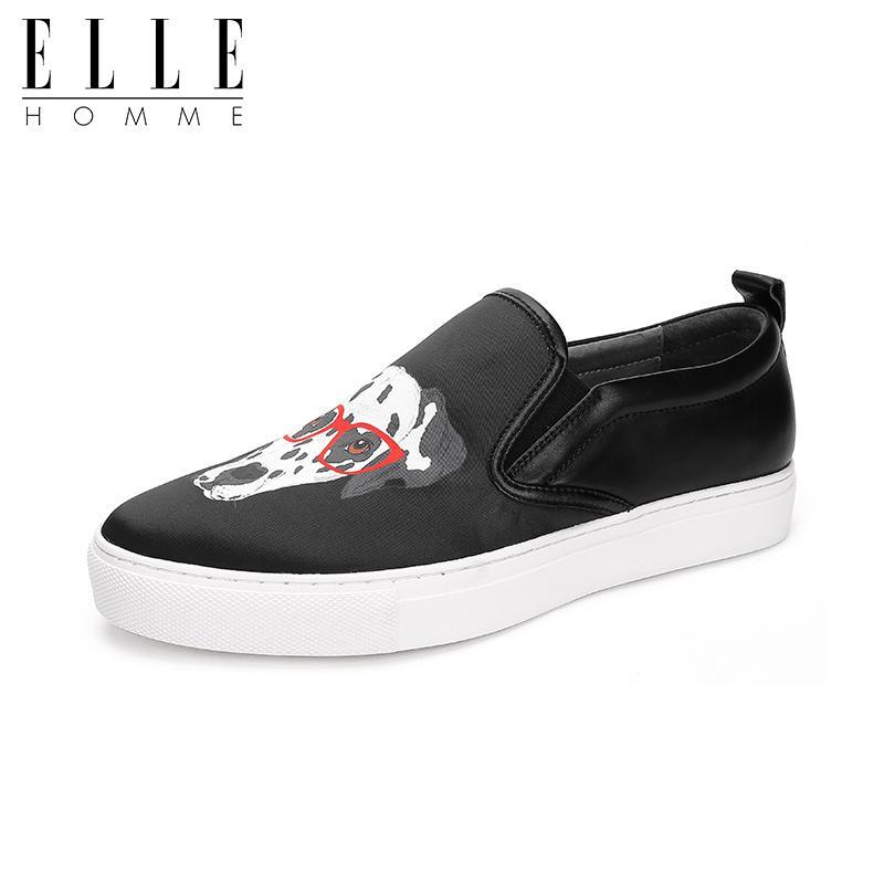 ELLEHOMME时尚印花小狗乐福鞋男头层牛皮一脚蹬休闲鞋 黑色-HJH76181070 39码