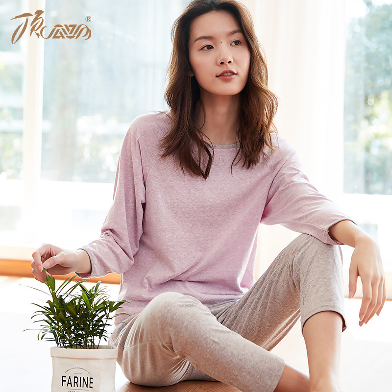 顶瓜瓜睡衣女长袖宽松情侣家居服套装男日式清新 70110-紫色 160