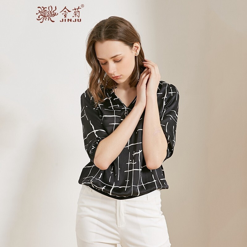 金菊2019春夏新款女装v领真丝上衣女士桑蚕丝印花T恤中袖条纹印花上衣女 XXL 黑色