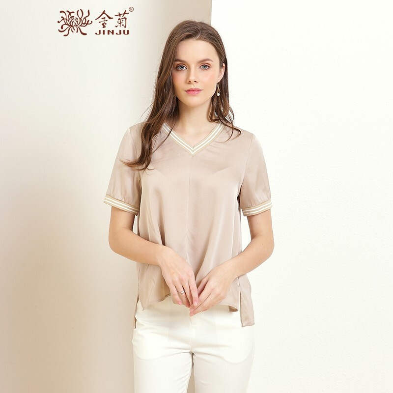 金菊女装2019春夏季新款v领真丝T恤宽松显瘦桑蚕丝上衣女士短袖大码装 米色 L