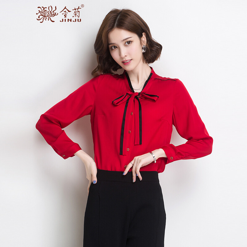 金菊女装春夏新款真丝衬衫女士长袖桑蚕丝衬衣修身百搭真丝系带衬衫女_1 红色 XXL