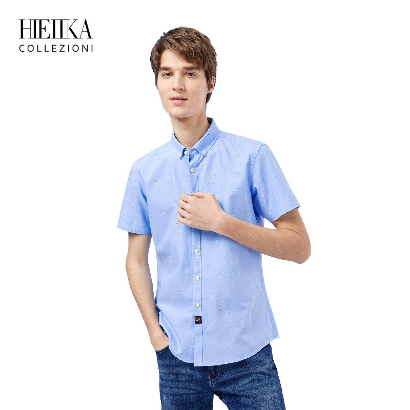 Hieiika海一家男装2019夏季简约休闲清新印字母花日常短袖衬衫_1 170/88A 湖蓝花纹70