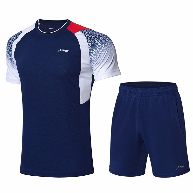 李宁（LI-NING）羽毛球服男女款聚酯纤维圆领短袖T恤短裤套装 AATP019 3XL AATP019-3男款蓝色