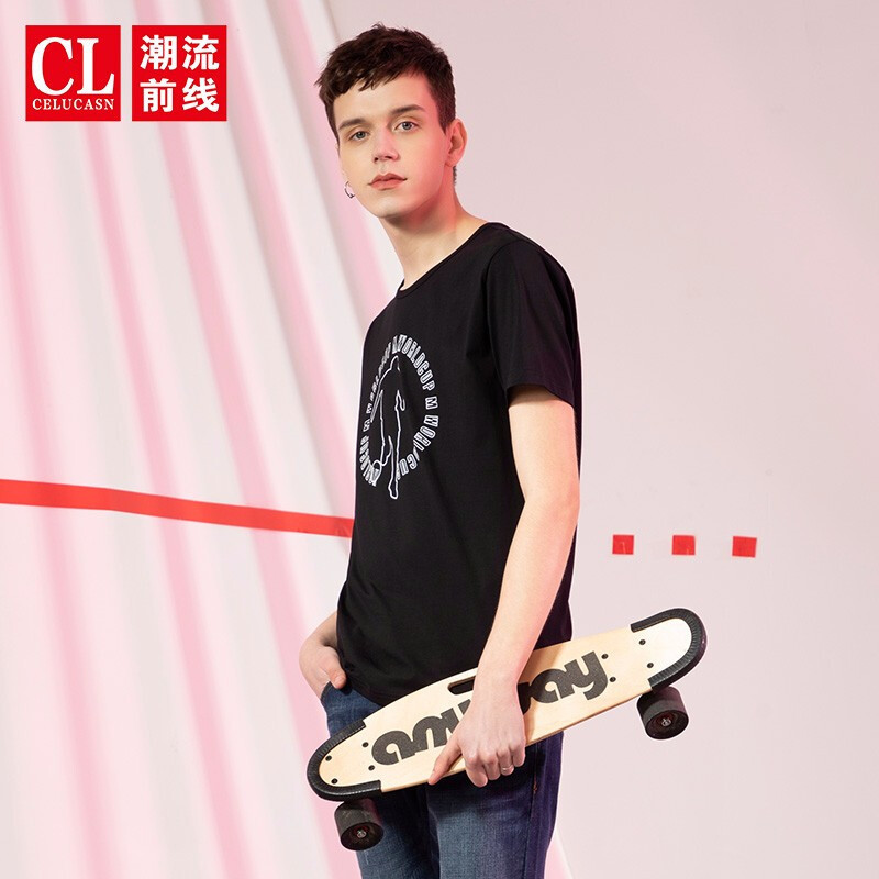 潮流前线2019夏季男款圆领修身时尚创意印花短袖T恤 XXL 黑色