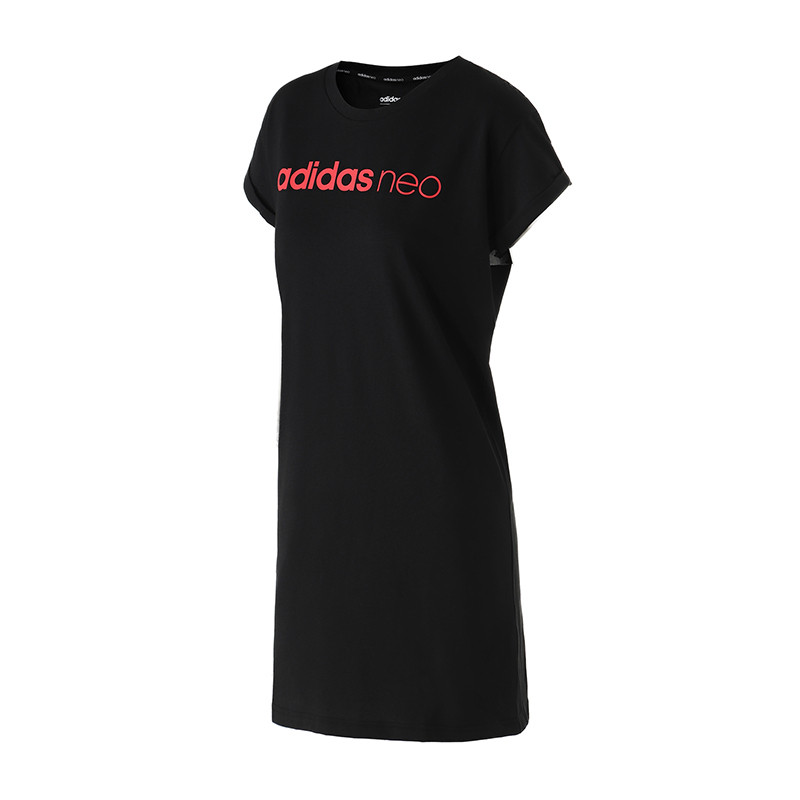adidas阿迪达斯NEO女装运动休闲LOGO款圆领套头连衣裙DW8353 S DW8353黑+醒目红