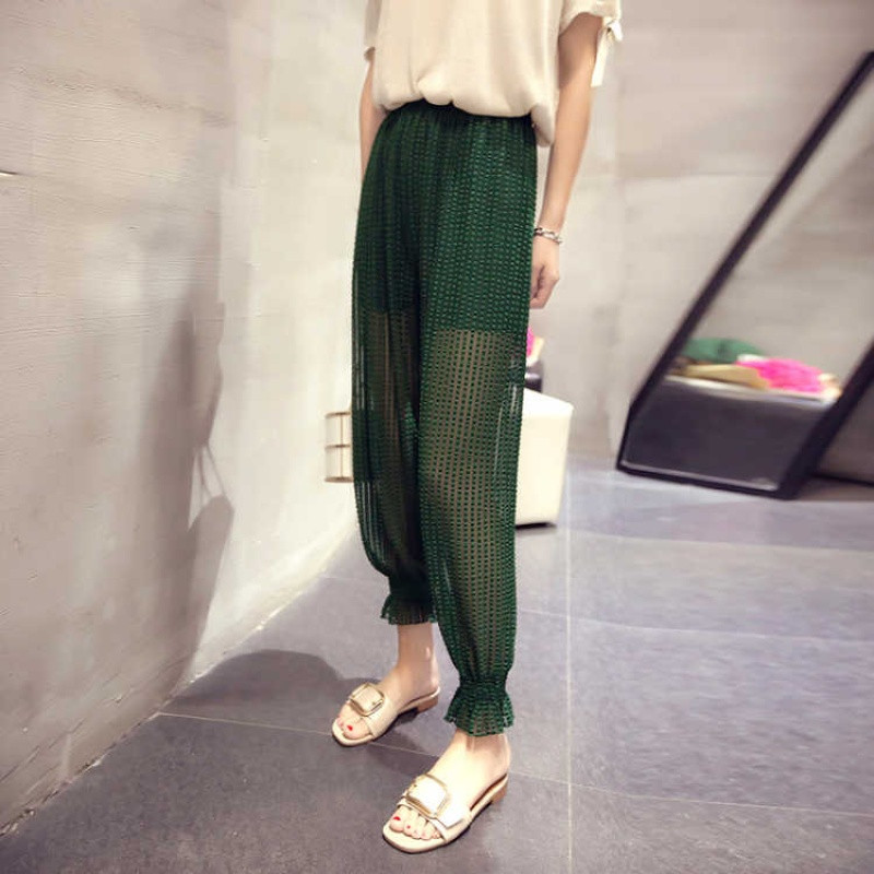 夏季蕾丝条纹防晒裤子灯笼裤女大码女装宽松休闲裤九分萝卜裤子女_2 绿色 均码（80到150斤）
