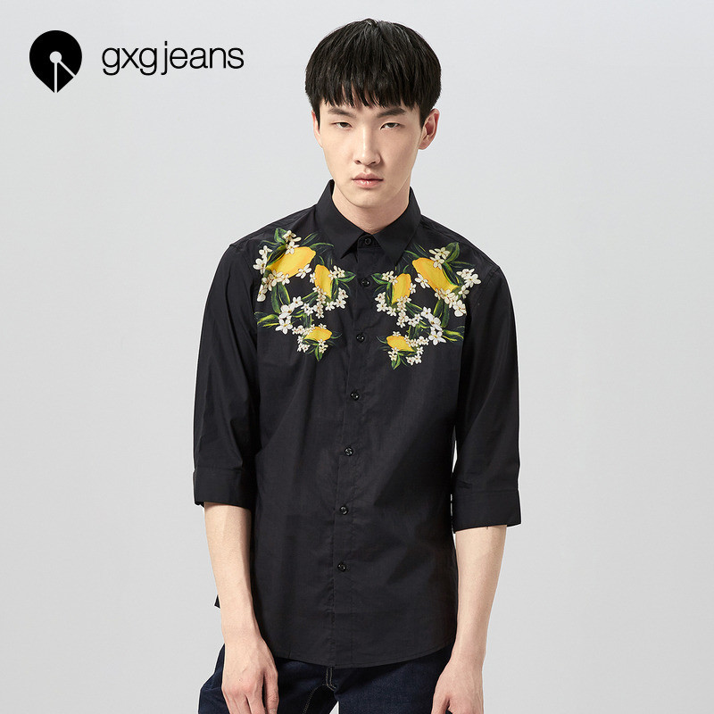 gxgjeans男装夏修身时尚印花休闲黑色中袖衬衫_1 185/XXL 黑色