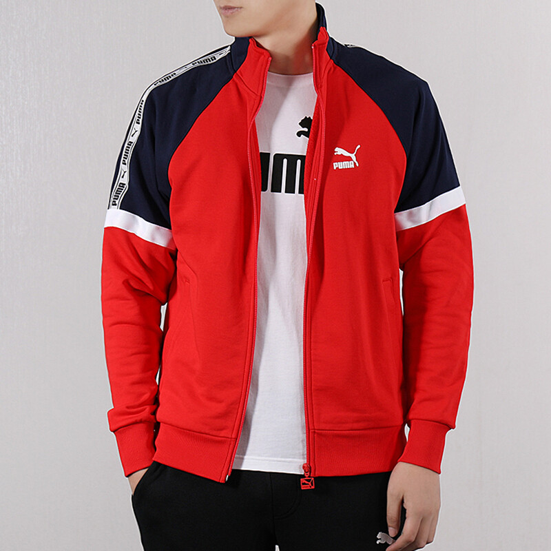 Puma彪马男装外套上衣2019春季新款时尚撞色休闲运动服立领针织全棉开衫夹克57902 L 579024-11/全棉/鲜红色