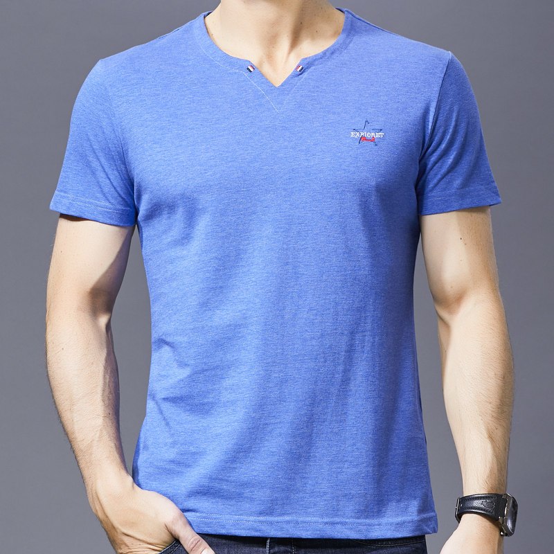 啄木鸟休闲T恤男短袖2019年夏季新款不规则圆领纯色中年图案上衣_1 175/92A 中蓝
