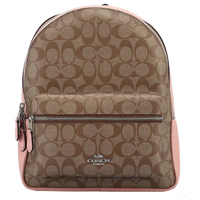 COACH 蔻驰 双肩包 欧美时尚拉链经典C logo双肩背包 卡其粉色