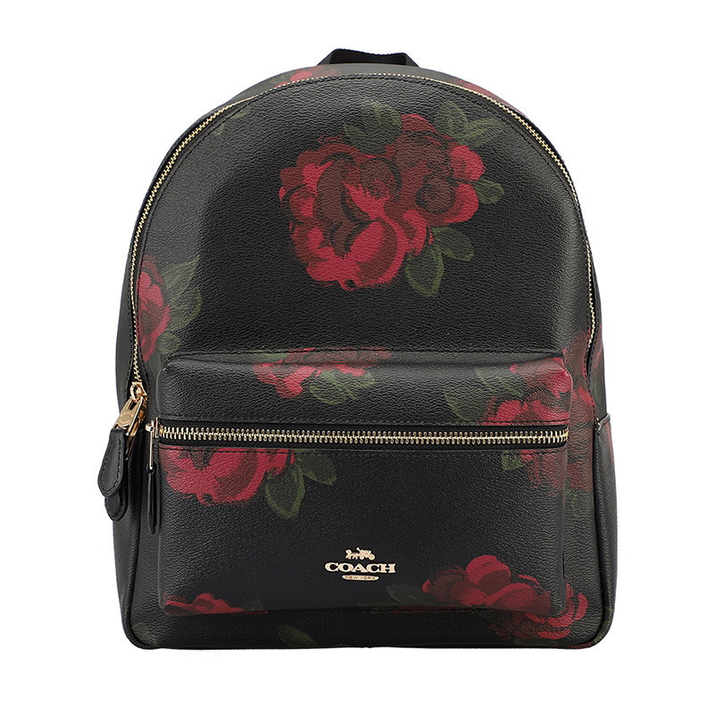 COACH 蔻驰 女双肩包 女士真皮皮质双肩拉链背包 欧美时尚 黑色印花
