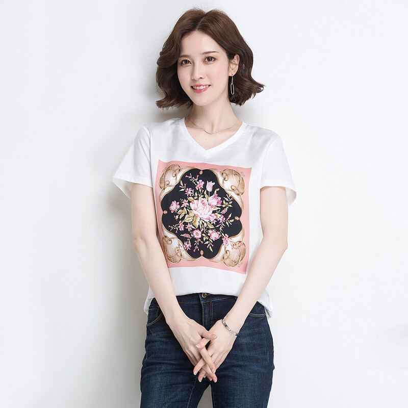 金菊2019夏季新款女装真丝印花上衣时尚百搭桑蚕丝T恤短袖真丝拼接上衣女 100 白色+粉
