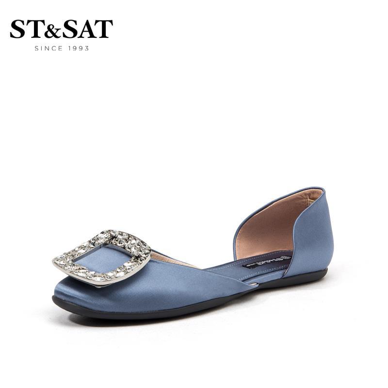 ST&SAT/星期六新款中空方头平底浅口单鞋女SS91114288 50蓝色 36码