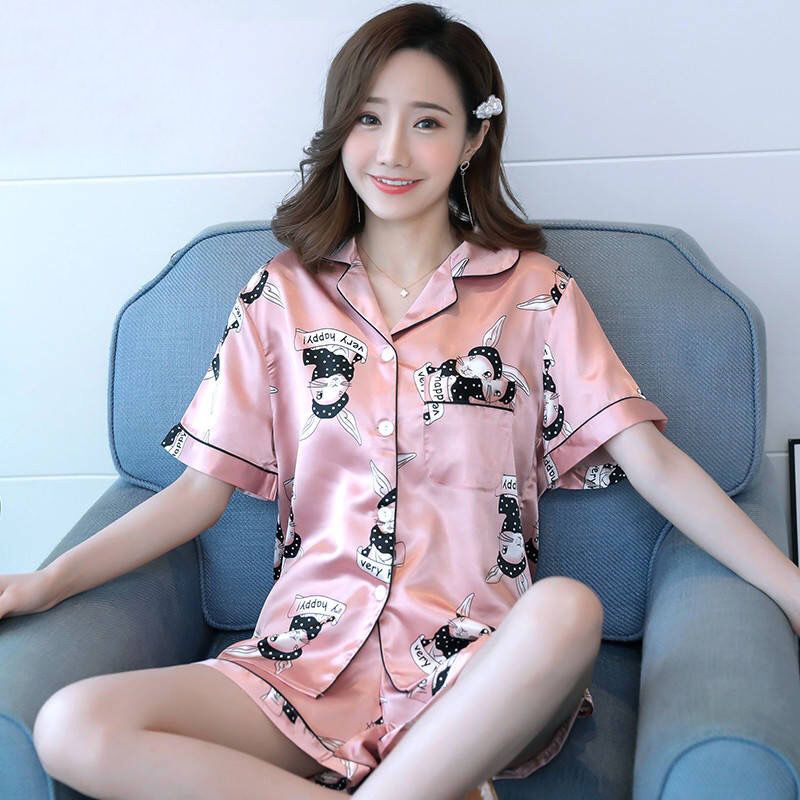 guoer)睡衣女夏季冰丝韩版性感短袖学生家居服夏季薄款女士丝绸睡衣