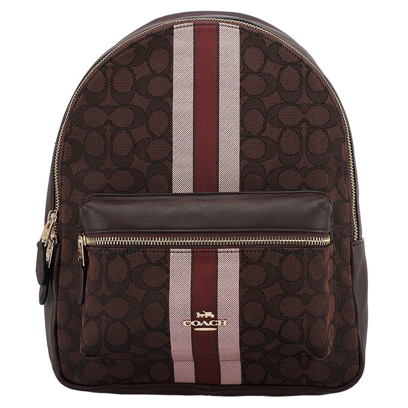 COACH 蔻驰 双肩包 欧美时尚拉链经典C logo双肩背包 深咖彩条