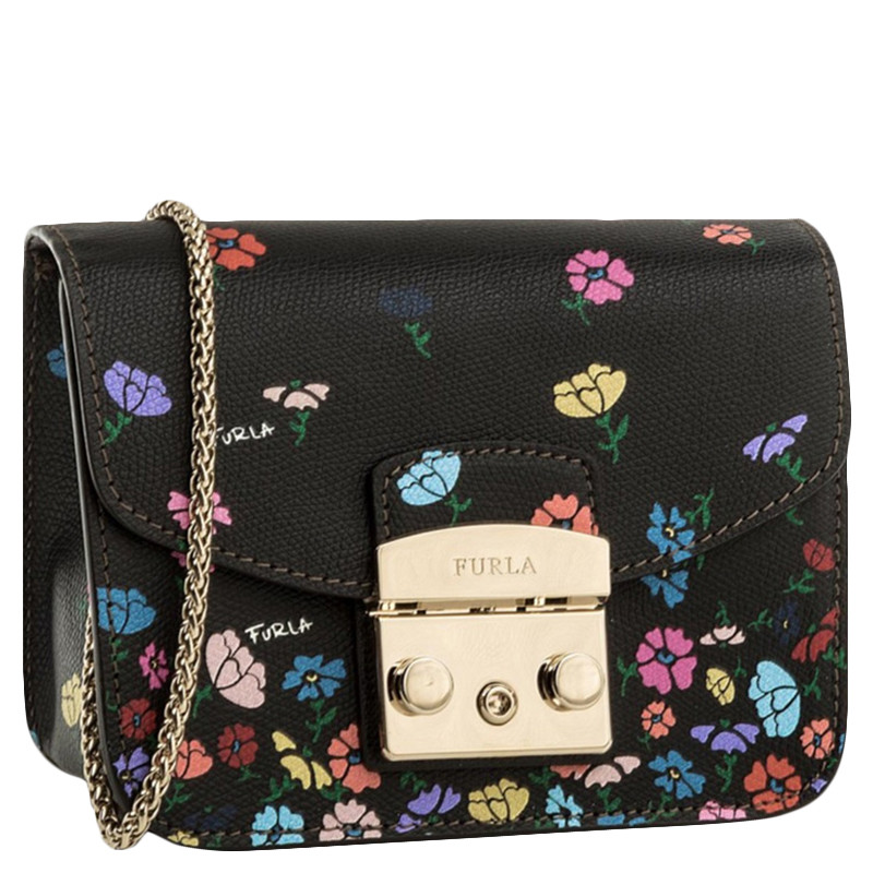 [直营]FURLA 芙拉 Metropolis Message 系列女士迷你黑色多色拼色彩绘牛皮单肩斜挎包
