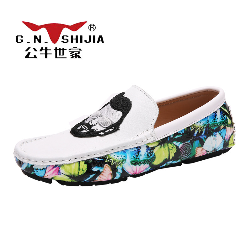 公牛世家(G.N.Shi Jia)男士时尚休闲鞋个性驾车鞋牛皮商务豆豆鞋GN799 白兰 40码