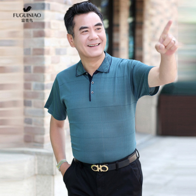 富贵鸟FUGUINIAO爸爸夏装中老年男夏季短袖T恤冰丝40-50中老年人商务休闲男装衣服 XL 浅绿色