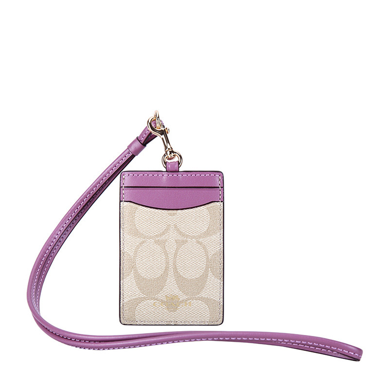 COACH 蔻驰 奢侈品 女士竖款卡包卡其紫色PVC挂脖证件卡套钱包 卡其紫色