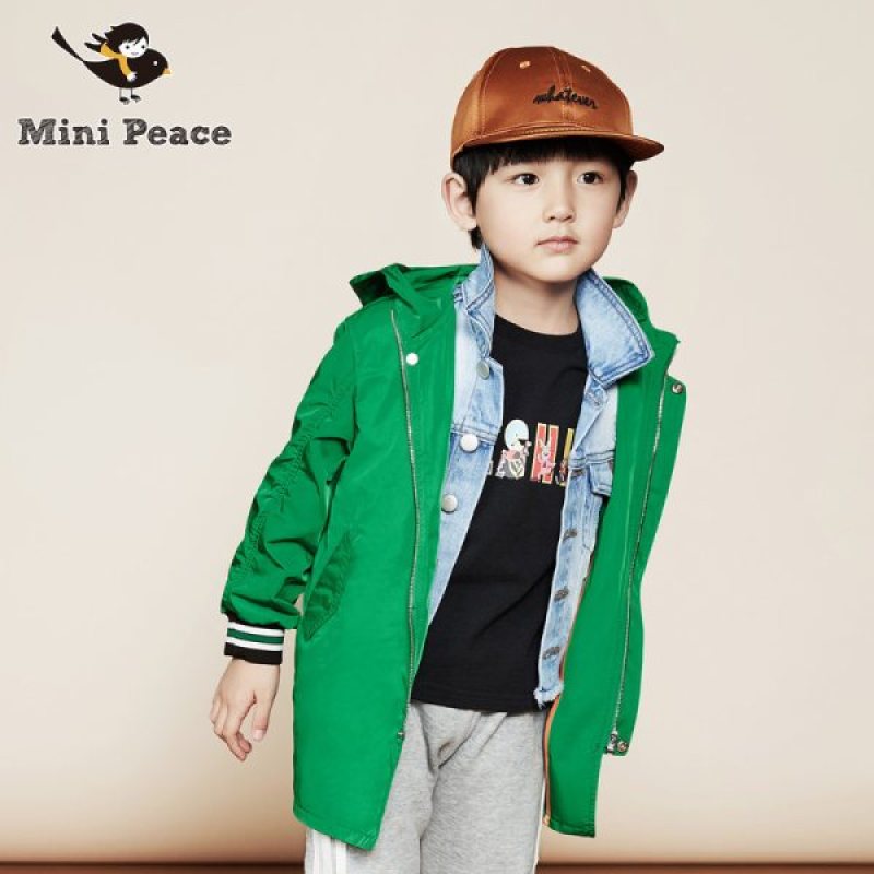 minipeace男童外套儿童连帽风衣潮字母刺绣绿中长外套春秋款 绿色 130cm