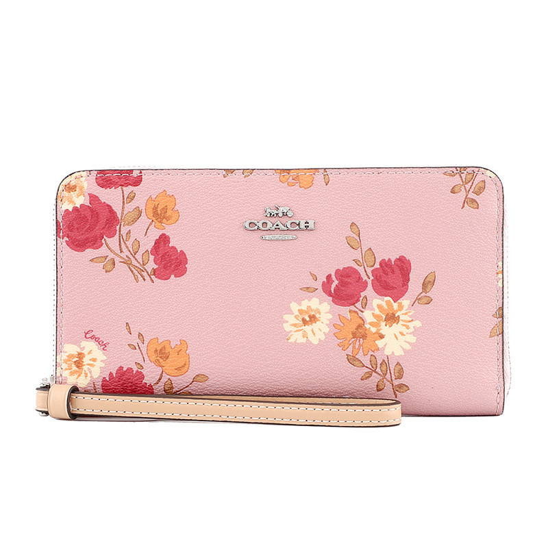 COACH 蔻驰 奢侈品 欧美时尚横款女手包钱包粉色印花皮革中长款手拿包零钱包
